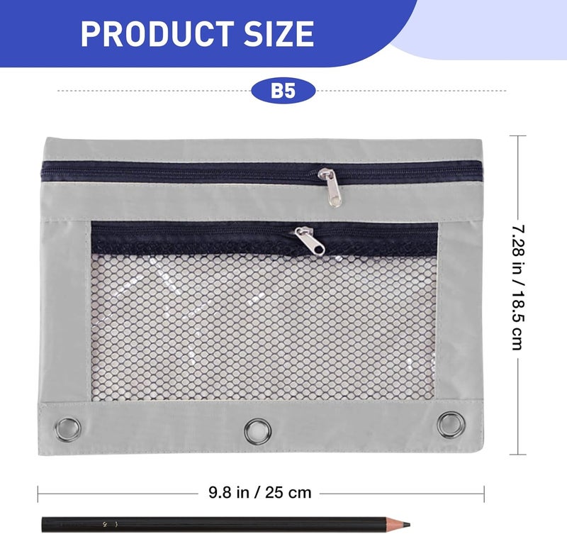 ASBEFORE Pencil Pouch for 3 Ring Binder - 3 Hole Zipper Pen Case Bag Holder Bulk Accessories Clear Window Aesthetic Organizer Pockets (Grey, 1) - Image 2